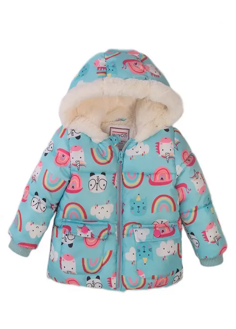 Minoti Dievčenská zimná bunda Puffa s kožušinovou podšívkou, Pom 1, svetlo modrá